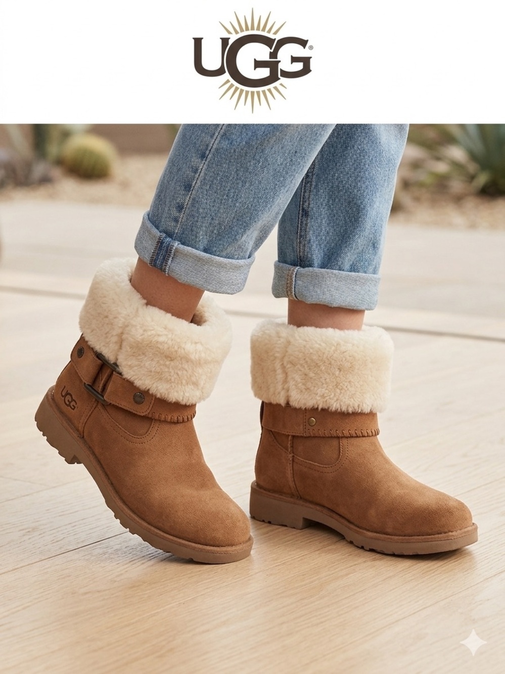 NWOB UGG Chestnut Suede Ankle Boots with Cream Shearling Cuff & Buckle